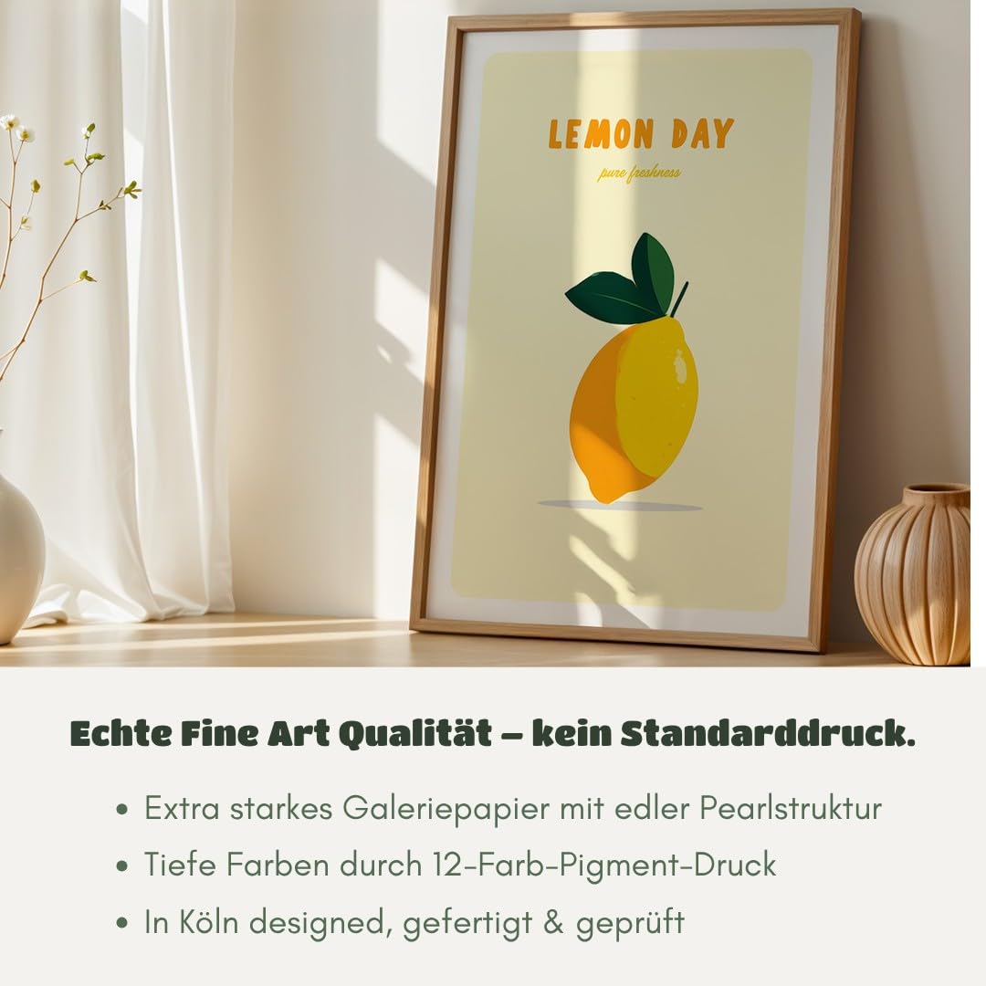 MJ-GRAPHICS® Poster Zitrone Kunstdruck minimalistisch Wandbild Gelb Wanddeko Küche Wohnzimmer bilderfrisch lebendig spritzig Akzente Deko frech fröhlich Ambiente 50x70 mit beigem Rahmen