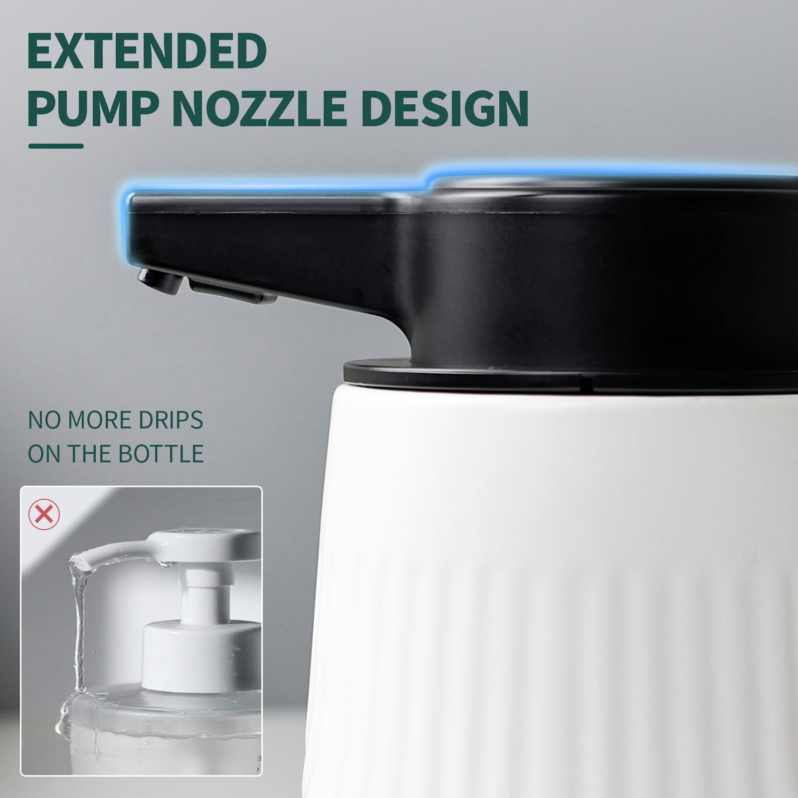 BosilunLife Dispenser automatico di sapone in ceramica con ugello a pompa esteso, 3 livelli regolabili, dispenser di sapone liquido per lozioni touchless, per bagno e cucina, design a righe, bianco