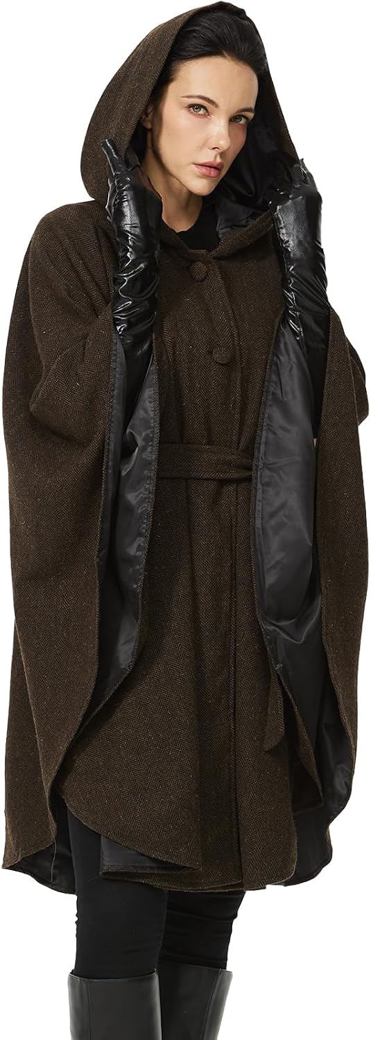 Women Wool Cape Coat with Hood Sleeveless Belted Cloak Cape Poncho for Fall Winter - Image 4
