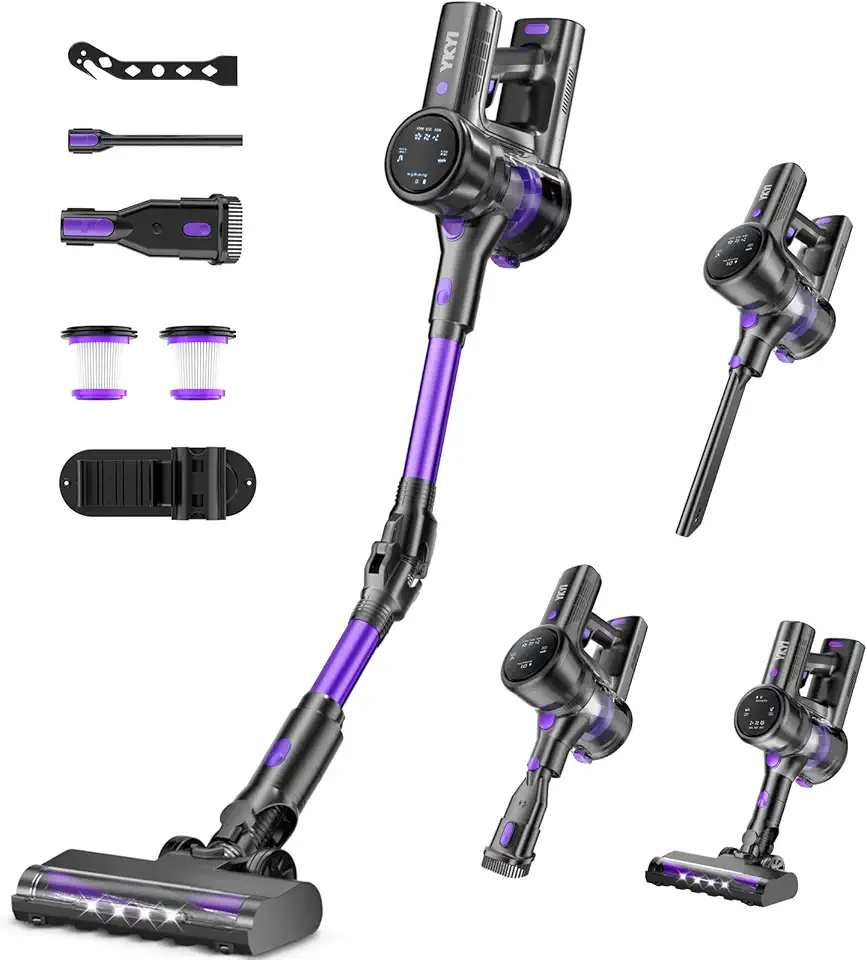 Cordless Vacuum Cleaner, Cordless Stick Vacuum with LED Display & Foldable Lightweight Design, 40KPa/450W/50Mins/3 Modes,Rechargeable Handle Cleaners for Home, Pet Hair, Carpet, Hard Floor(Purple)