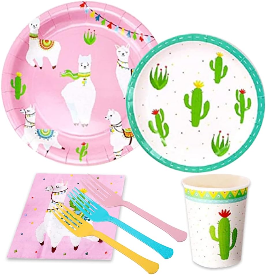 DreamJ 109Pcs Alpaca Cactus Disposable Tableware Set , Llama Alpaca Party Supplies with Plates Cups Napkins Forks Straws for Boys,Girls,Baby Showers Birthday Party Favors Decorations (Severs 16)