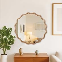 36" Wavy Round Wall Mirror with Solid Wood Frame, Country Irregular Decorative Mirror for Bathroom, Bedroom, Living Room & Entryway, HD Tempered Glass, No Distortion Vanity Mirror Natural Wood,36