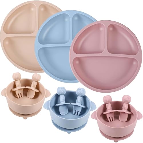 Pimoys Juego de 12 platos de silicona para bebés con ventosa, suministros de destete LED para bebés, utensilios de autoalimentación con cucharas,