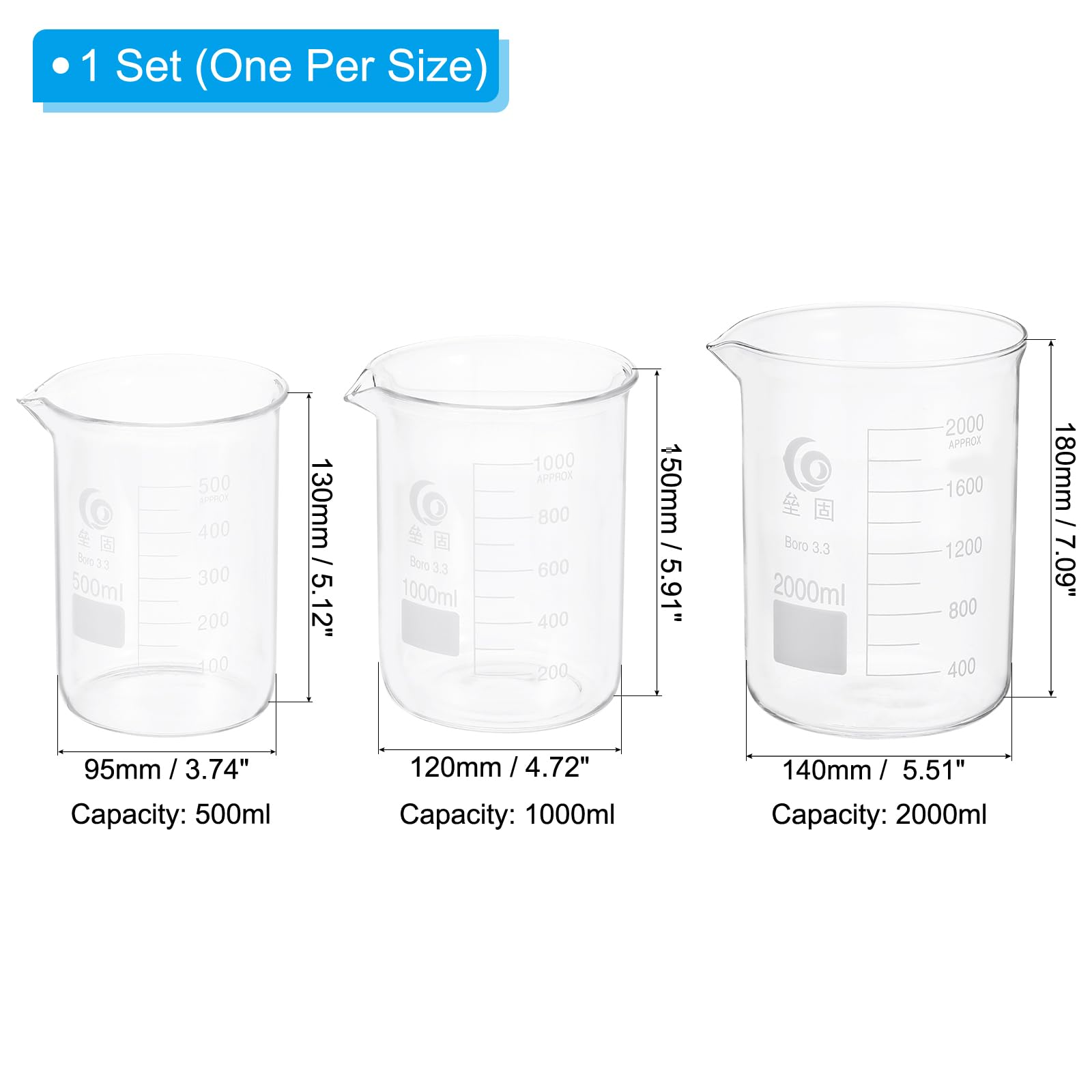 PATIKIL 500/1000/2000ml Becher Bas En Verre, 3Pcs 3.3 Bechers En Verre Borosilicaté Gradués Avec Bec Verseur Pour Expérience De Laboratoire, Cuisine Et Pâtisserie, Transparent