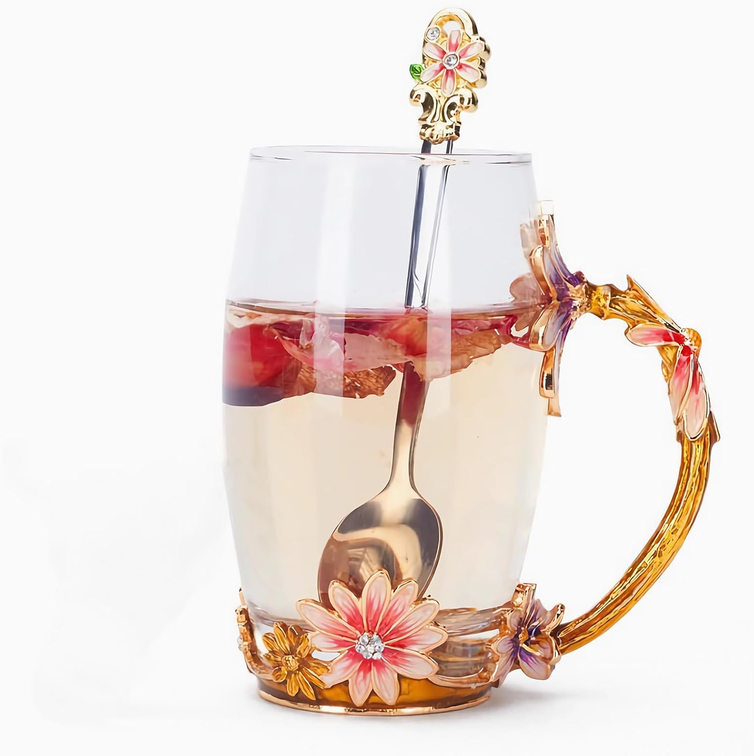 Yunshengmy Flower Tea Cup,Enamel Butterfly Flower Tea Cup Set, Glass