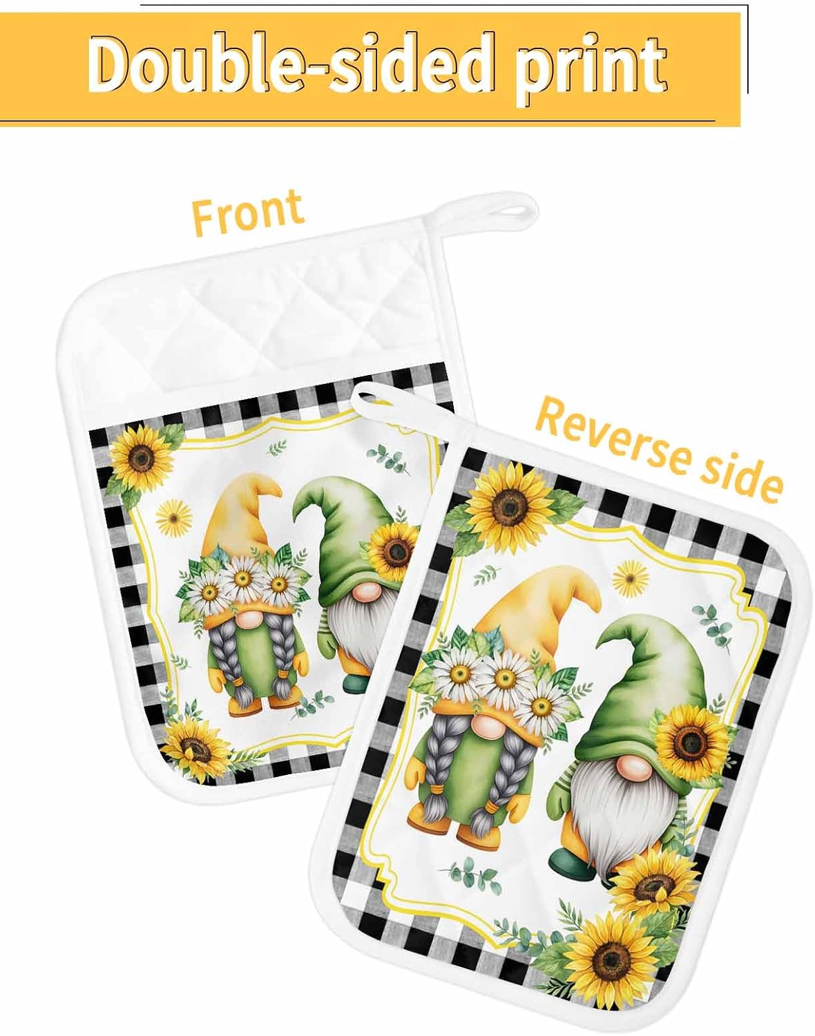 5 Pack Pot Holder with Pocket, Farmhouse Sunflower Gnome Kitchen Potholders Heat Proof Non Slip Pot Holders Sets, Pastoral Flower Leaf Buffalo Plaid Hot Pads Potholder for Cooking Baking BBQ