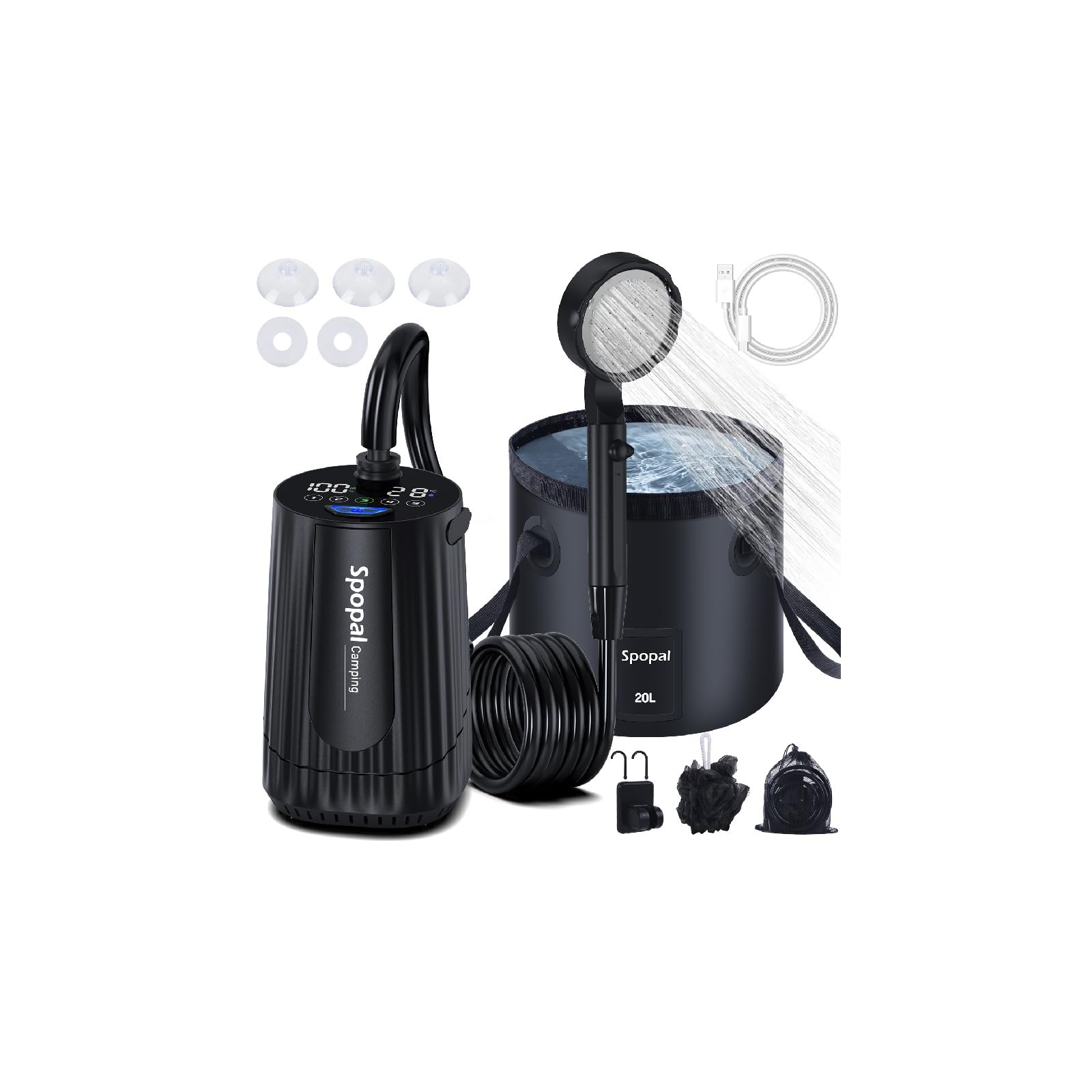Spopal Portable Camping Shower - [Upgraded] 10000mAh Rechargeable Shower Pump with 20L Collapsible Bucket, IPX8 Waterproof Outdoor Portable Shower for Camping for Hiking, Travel, Car, PetClimatePartner certified