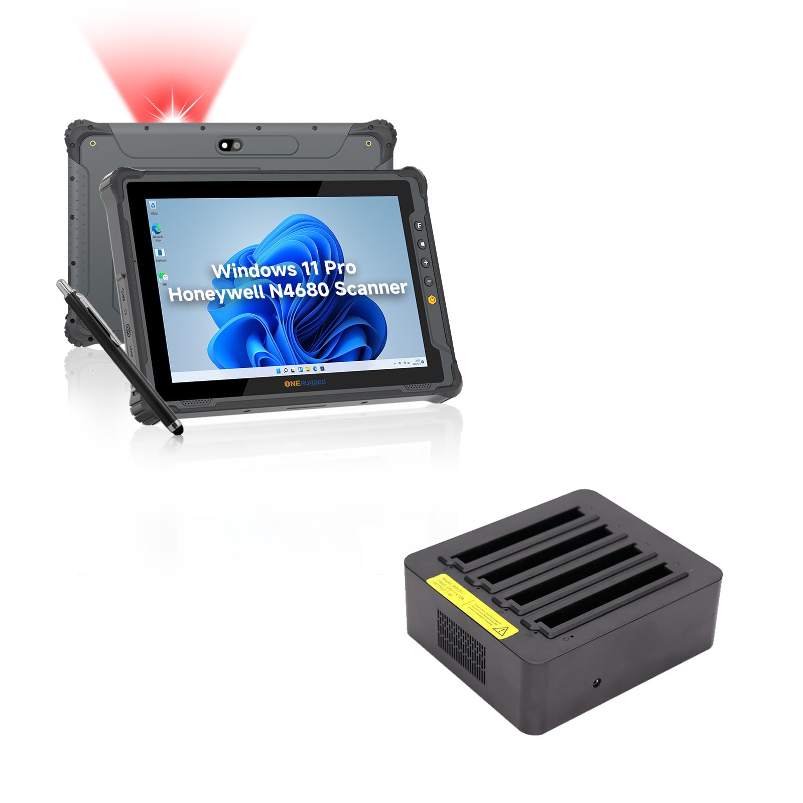 ONERugged Rugged Tablet with Barcode Scanner M10J, 10.1 inch Windows 11 Pro Enterprise Tablet w/Honeywell N4680 Scan Engine, 1D/2D QR Inventory Scanner, and Quad Charger