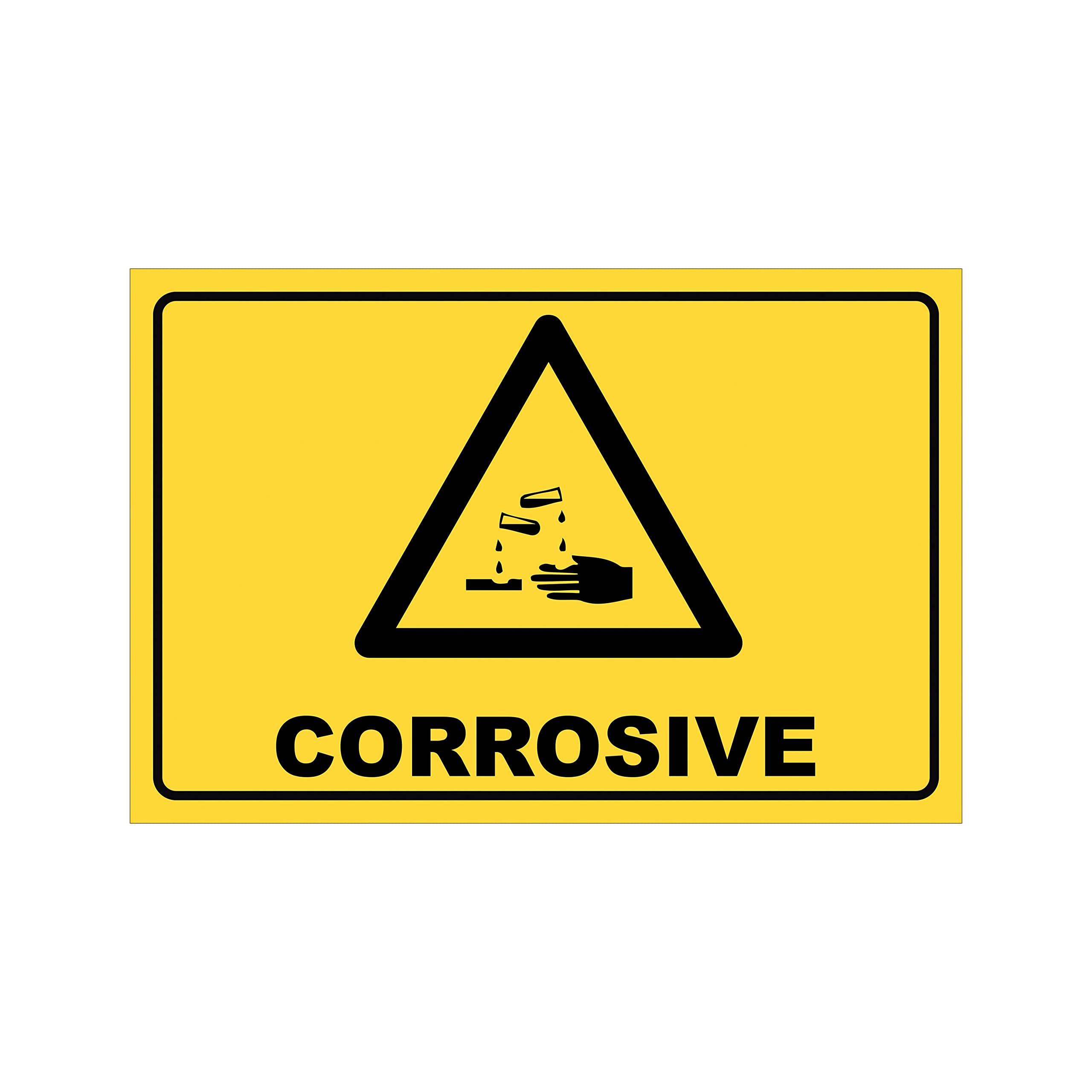 BannerBuzz Corrosive Caution Sign, Aluminum Metal Hazardous Safety Warning Sign, Indoor Outdoor Use, Black On Yellow (18" W X 12" H)