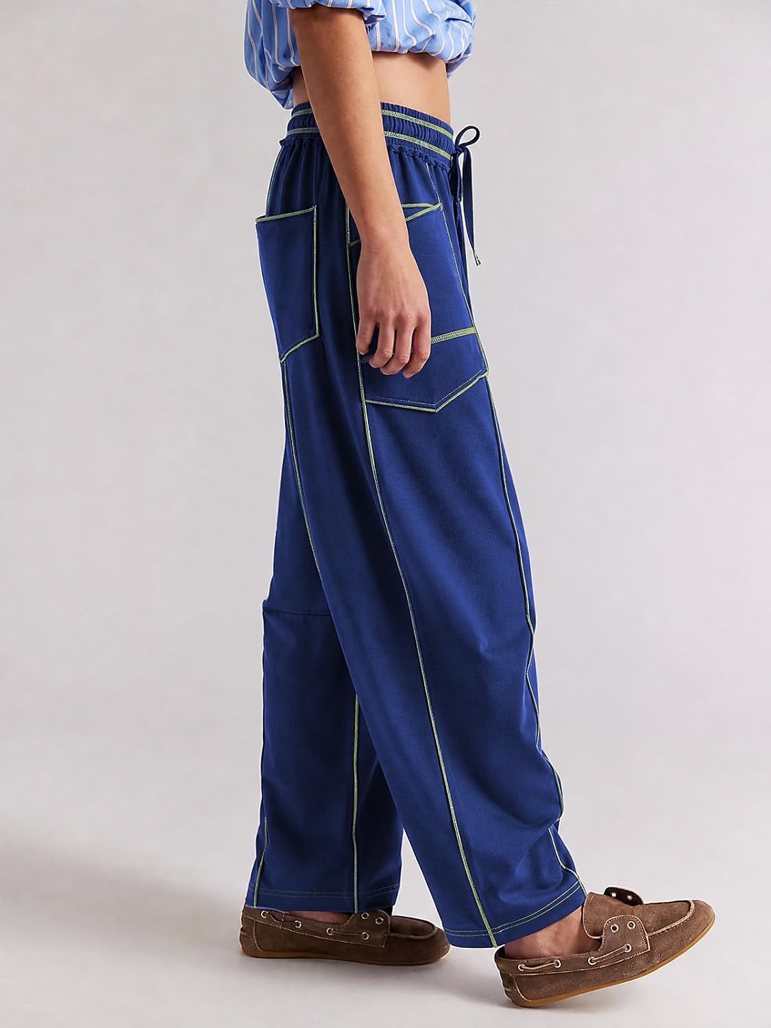 Outfeel Women Baggy Barrel Pants,Wide Leg Drawstring Sweatpants with Pockets Casual Lounge Palazzo Pants Summer Trousers