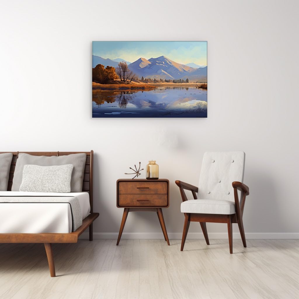 Canvas for Living room. Tranquil Serenity in Digital Hues: A Scenic Lakeside Haven against a Majestic Mountain Backdrop, 27 x 18 inch Canvas Wall Art - Contemporary Masterpieces - Modern Home Decor
