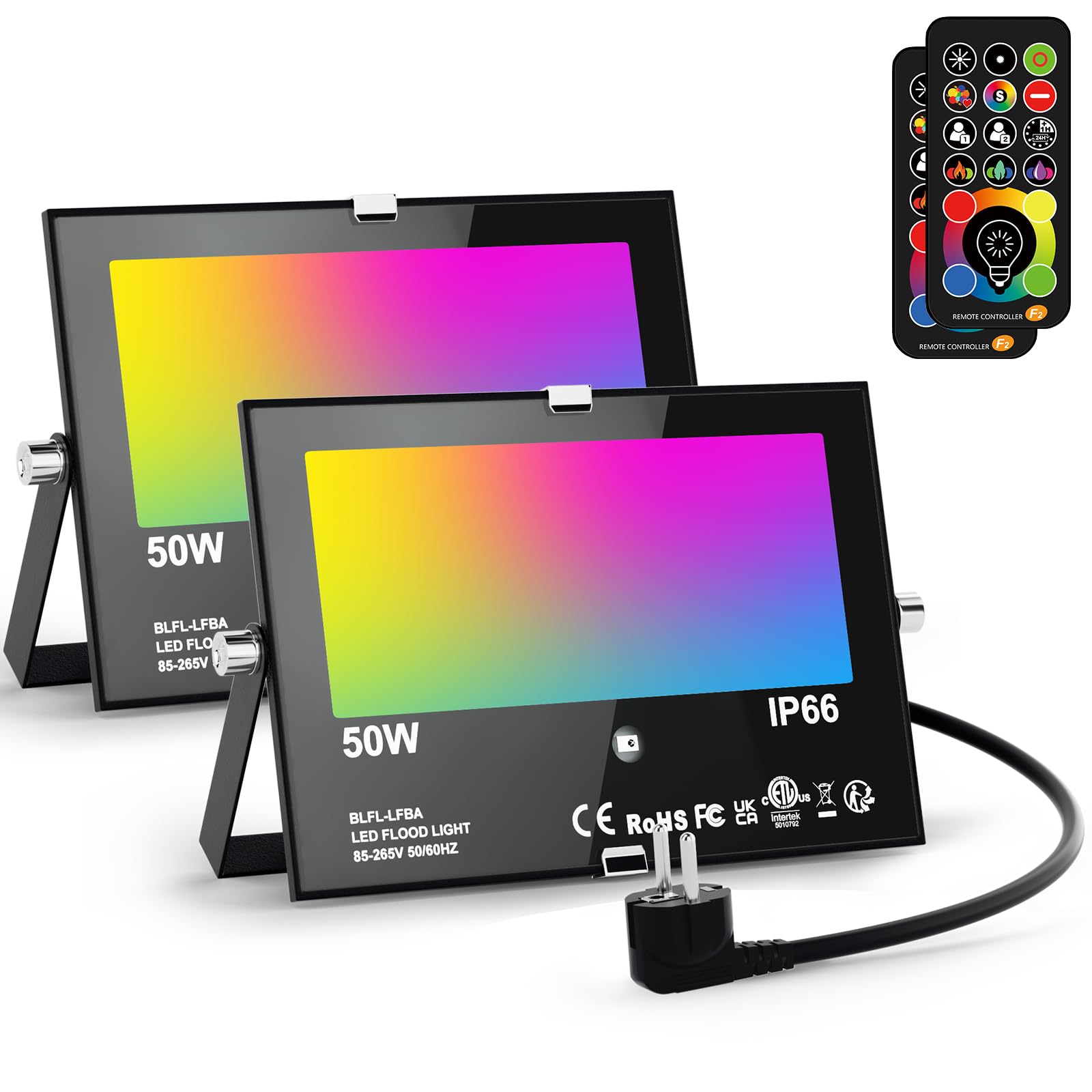 RGB LED Strahler Außen 50W Fluter Mit Fernbedienung, 120 Farben 5 Modi Farbwechsel Flutlicht LED Innen, 5000LM Kaltweiß IP66 Wasserdicht Außenstrahler für Garten, Hinterhof, Garage, Flur - 2er/Set
