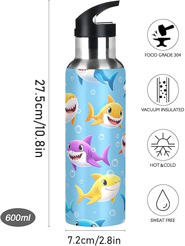 Miniatura 9 de BPA-Free Sport Water Bottle Insulated 32 Oz, Insulated Water Bottle for Gym Outdoor Travel School, Colorful Cartoon Sharks Blue