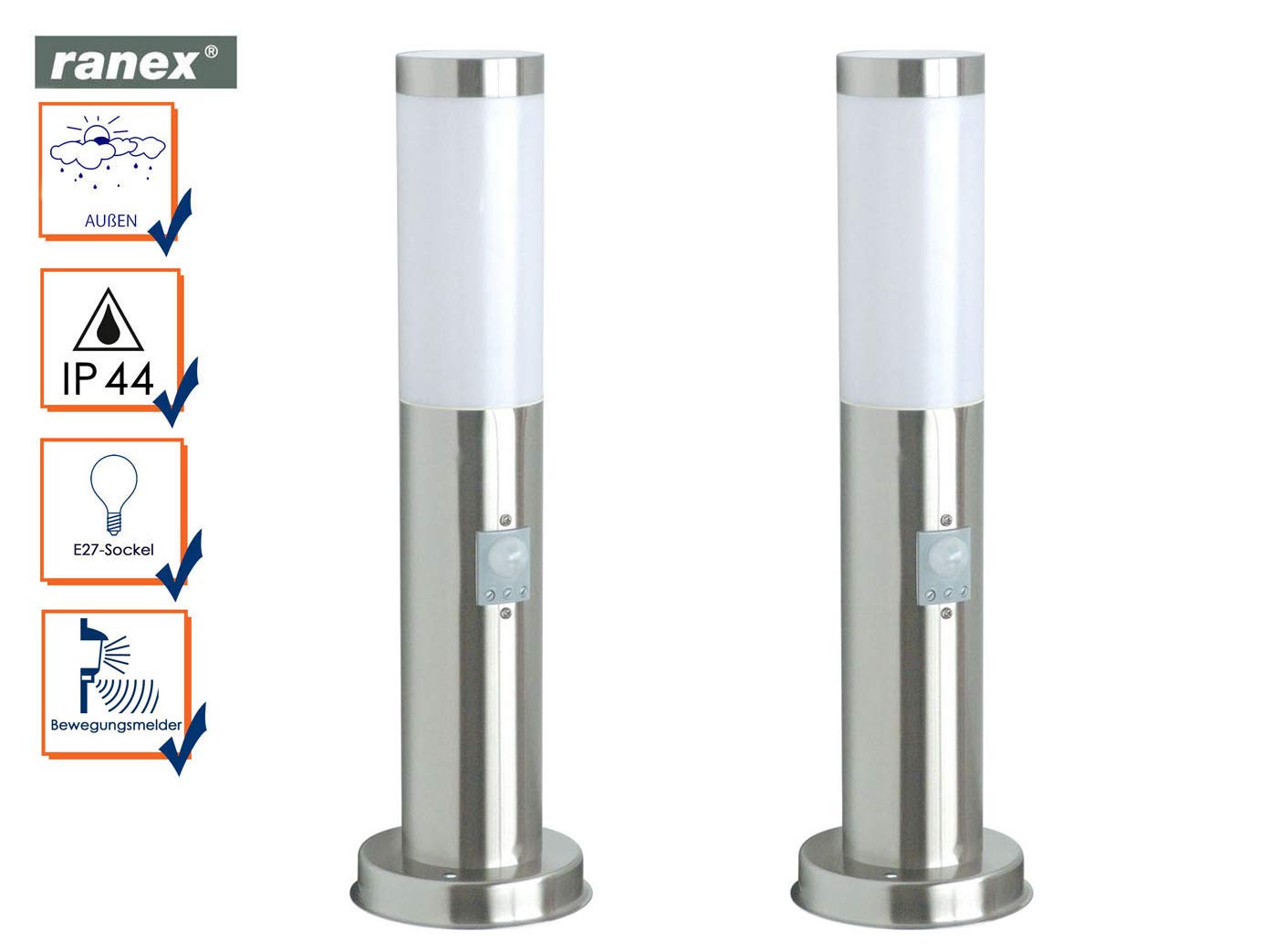 Ranex Lot de 2 luminaires en forme de borne avec détecteur de mouvement, hauteur 45 cm, balises lumineuses extérieures