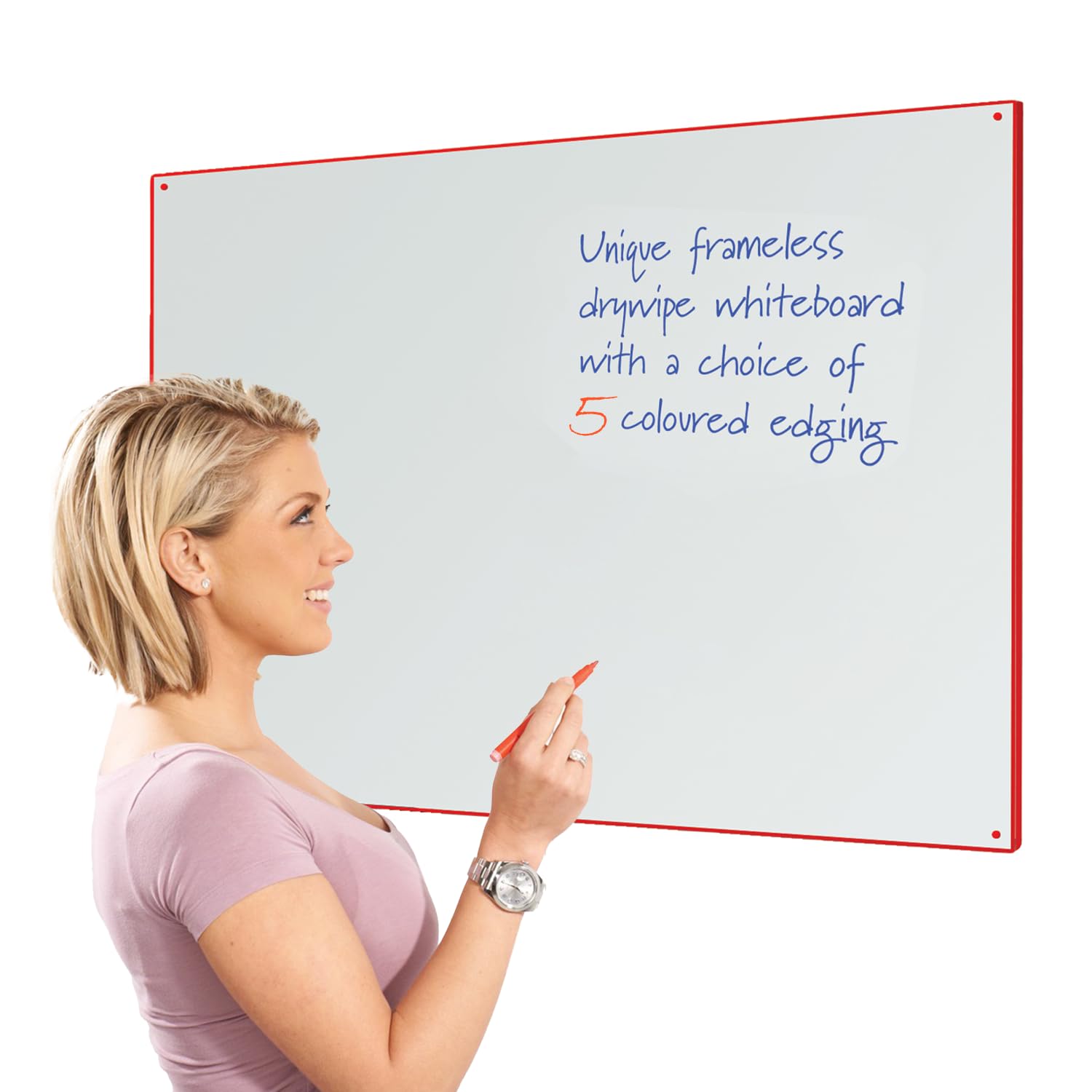 Frameless Dry-Wipe White Board, 900 x 600 mm, Double-Sided Surface, Feint Grid on Reverse, Red Contour Coloured Edge - Ideal for School, Office, Message