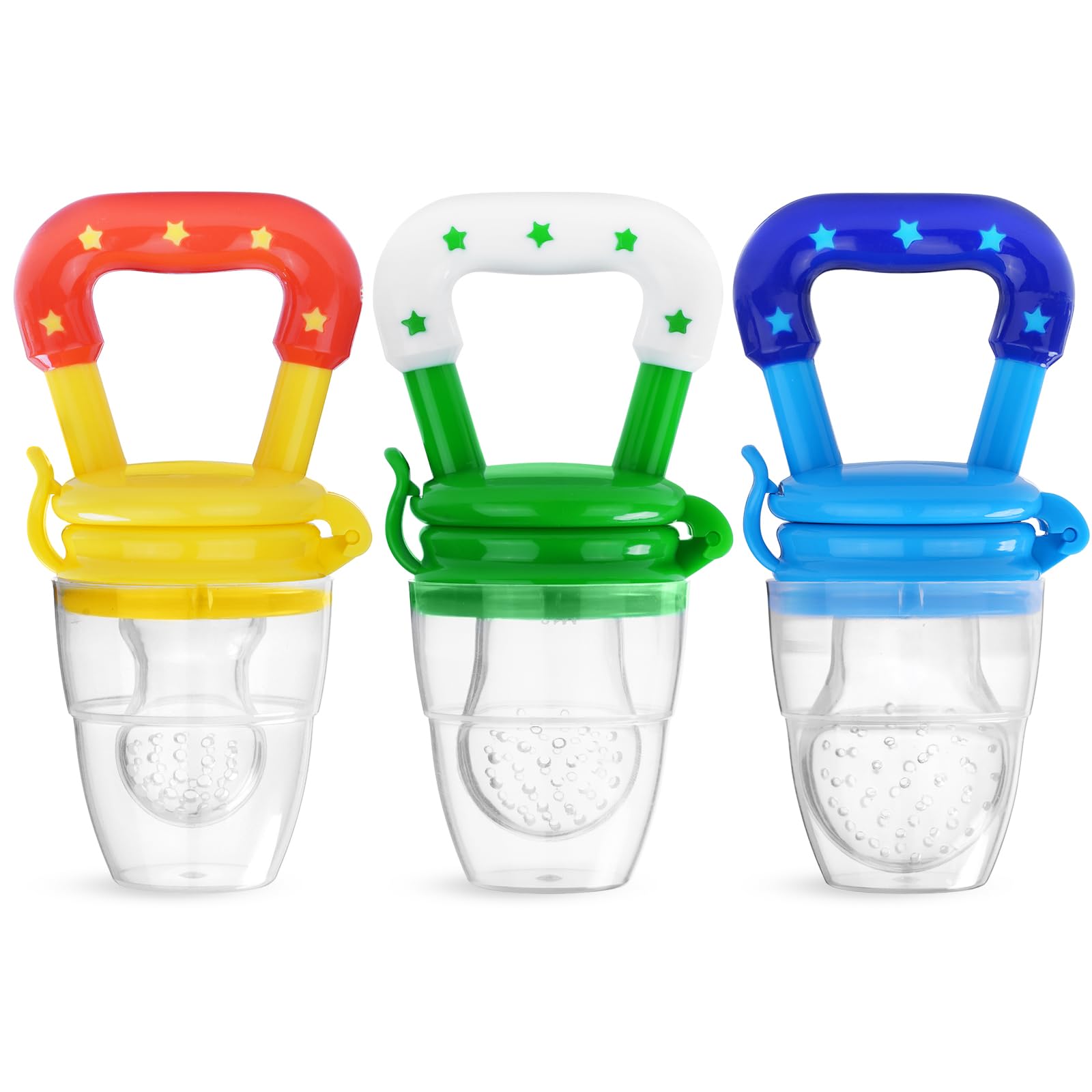 Vicloon Ciuccio per Alimenti Neonati, 3 Pezzi Ciuccio Frutta Neonati con 3 Ciuccio in Silicone(3 Taglie Differenti), Ciuccio Frutta per Bambini per Alleviare il Dolore allo Tempo, Senza BPA, 3 Colori