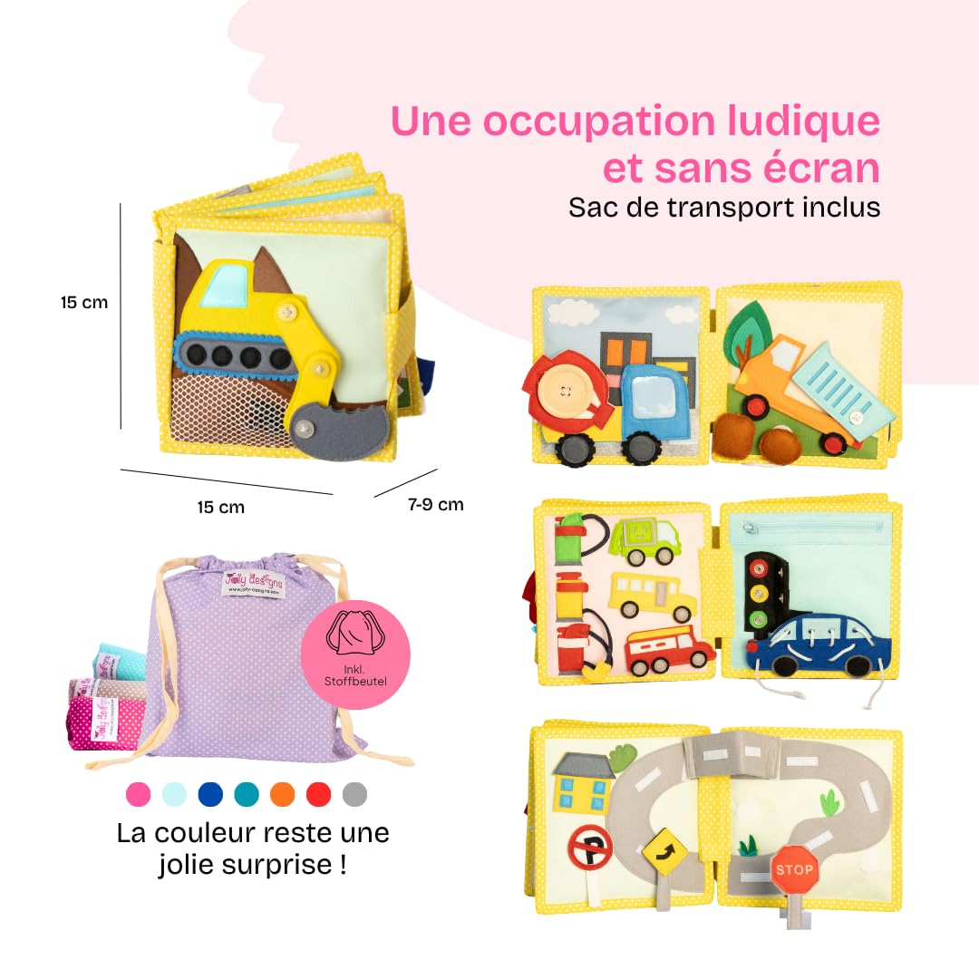 Jolly Designs Mini Quiet Book Mon Premier Tracteur – Jouet Montessori dès 18 Mois – Livre d‘activités en Feutrine – Livre Tissu éducatif sur Les véhicules & la sécurité routière