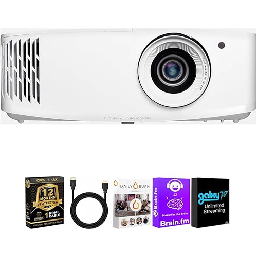 Optoma 4K UHD Projector HDR High Brightness Home Theater DLP Technology White Compact Design Gaming Ready Streaming Bundle HDMI Cable CPS 12 Month Protection Plan Included