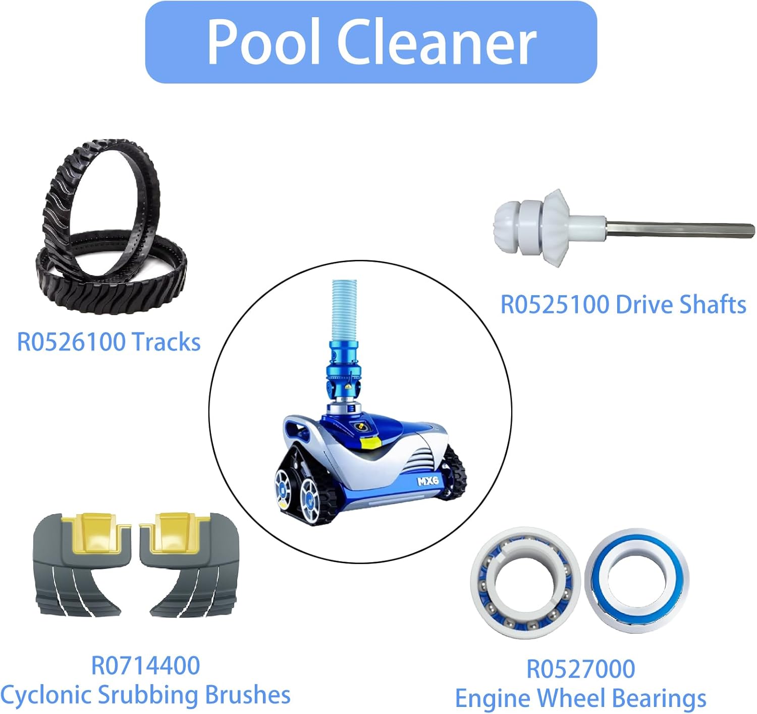 MX8 Pool Cleaner Parts Kit – Includes 2 Tracks, 4 Cyclonic Scrubbing Brushes, 2 Drive Shafts, 2 Bearings – Compatible with Zodiac MX8, MX6, MX8 Elite, MX6 Elite, R0525100, R0526100, R0527000