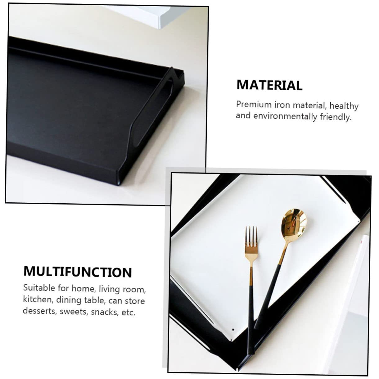 NOLITOY Plateau de Petit-déjeuner en Fer Noir Réutilisable et Empilable, Plaque Rectangulaire Design Simple Maison Salon, pour Desserts et Snacks