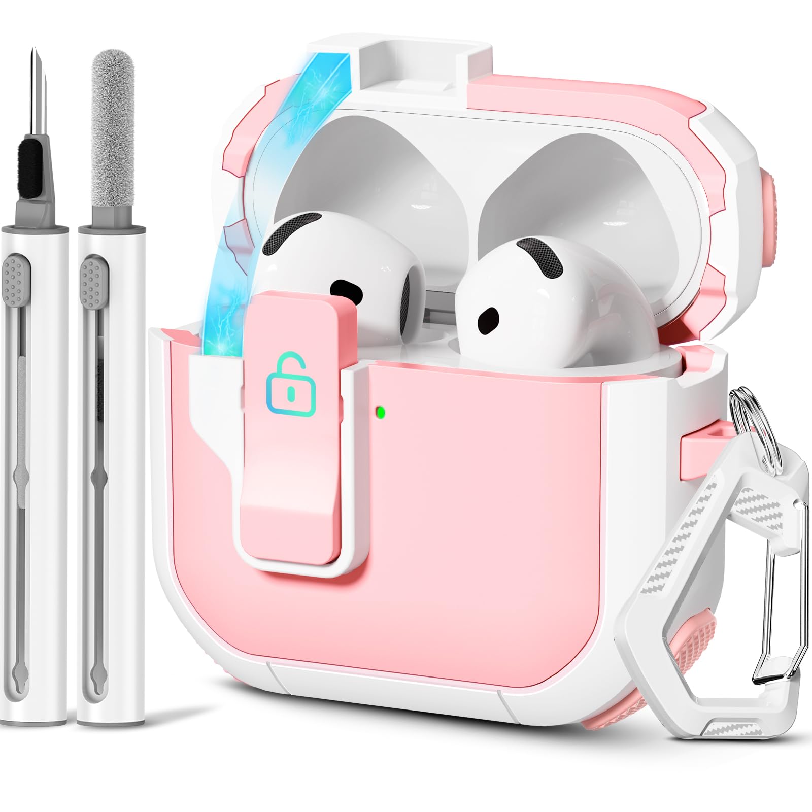 with Safety Lock for AirPods 4th Generation Case 2024, Unique Cute Kawaii Pink AirPod 4 Case with Cleaning Kit and Keychain, iPod 4 Case for Women