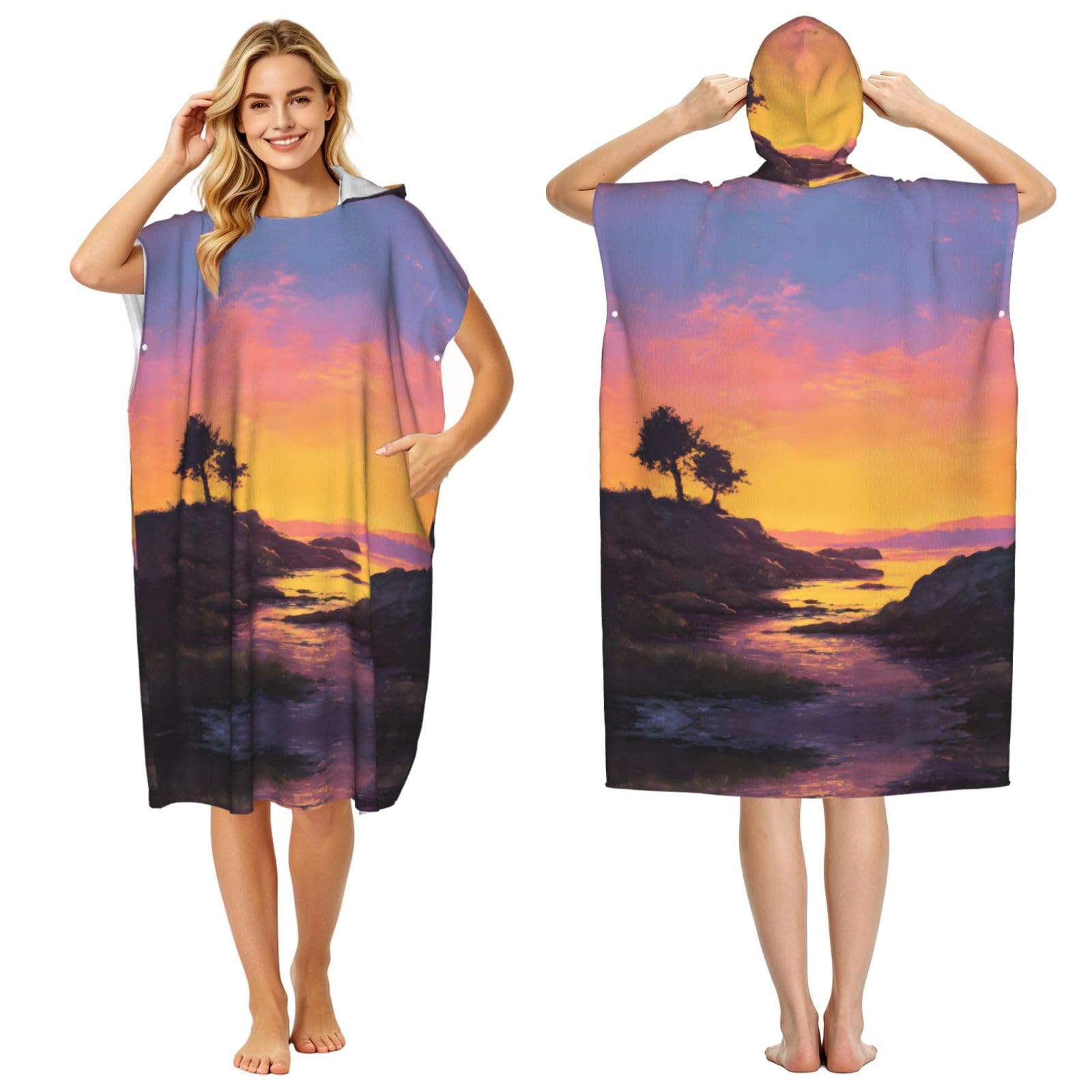 ESNAIUVCD Sunset Glow Print Changing Robe, Hooded Towel Poncho For Swimming Pool, Beach,Quick Dry & Light Weight Towelling Poncho For Adults Women Men
