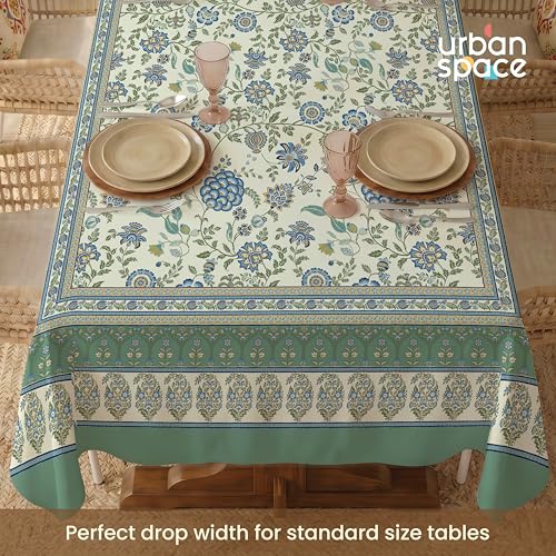 Image of Urban Space 100% Cotton Dining Table Cover 6 Seater, Jaipuri Handblock Cotton Table Cloth for Center Table, Dining Room Table Cover (Size 48 inch x 92 inch - 6 Seater, Gulbagh Sage Green)