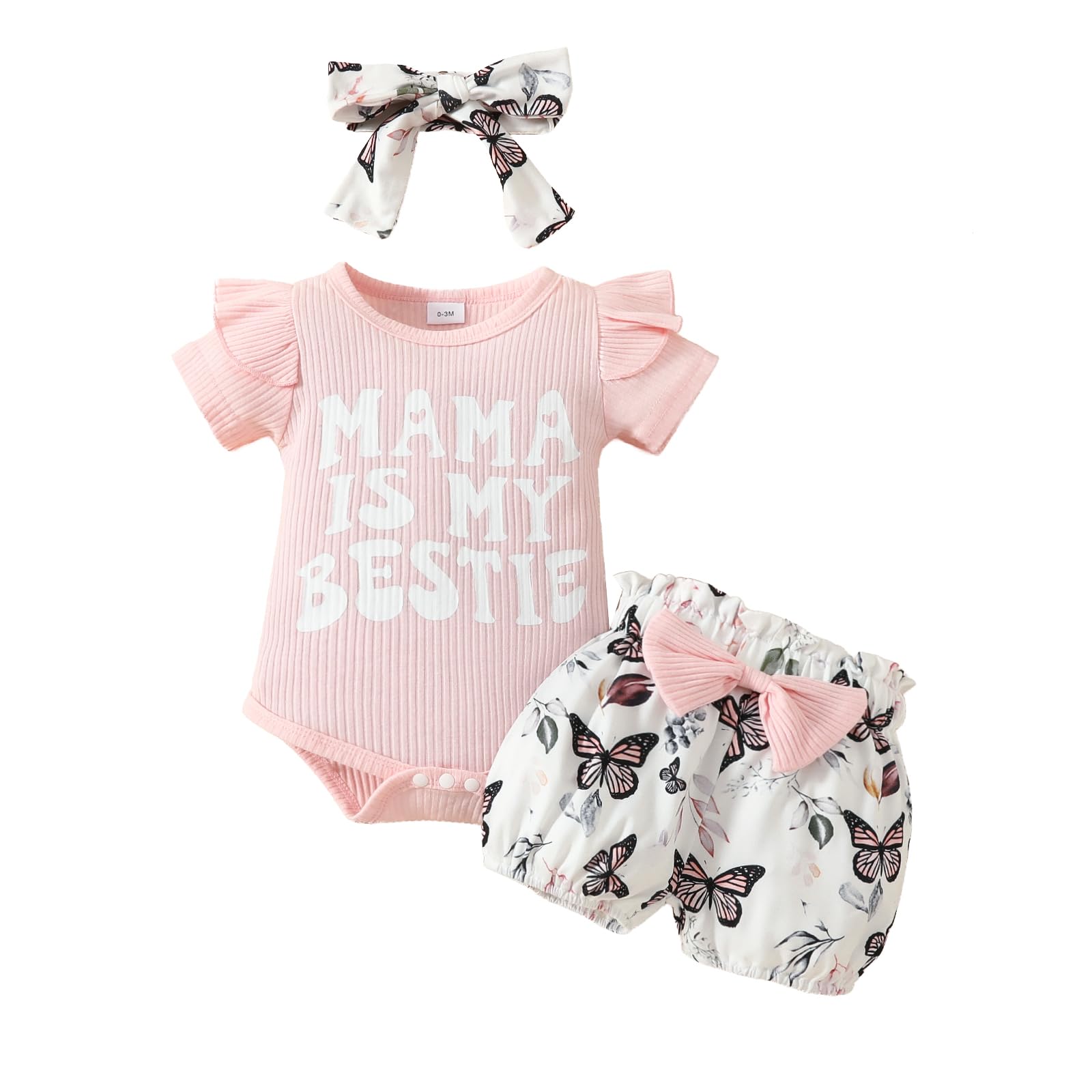 Newborn Baby Girl Clothes Mothers Day Baby Girl Outfit Short Sleeve Ribbed Romper Shorts Set Cute Coming Home Outfit(A-Pink,3-6 Months)