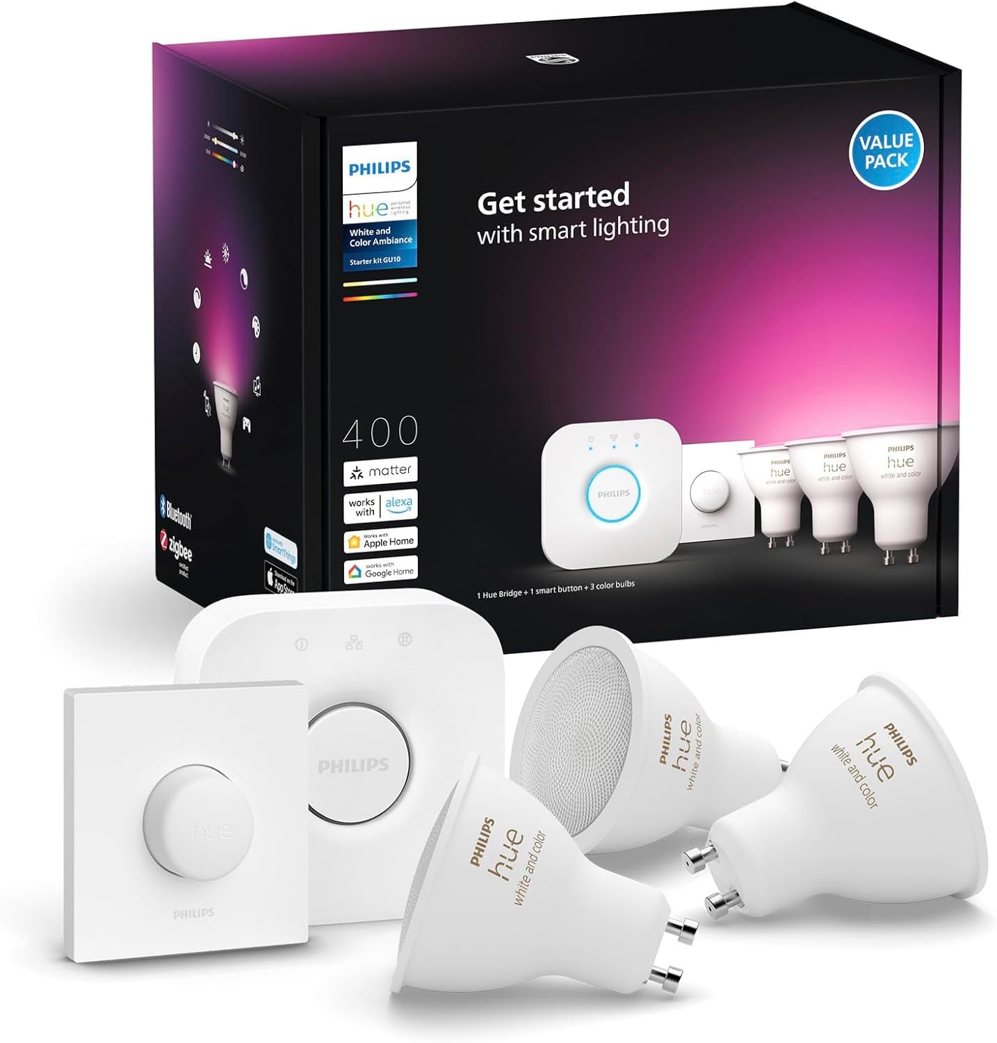 Philips Hue Kit Inicio: 3 Bombillas LED Inteligentes GU10 + Hue Bridge + Botón Inteligente, 400 lúmenes, 4.2W, Luz Blanca y de Colores, Regulable, Compatible con Alexa, Google Assistant