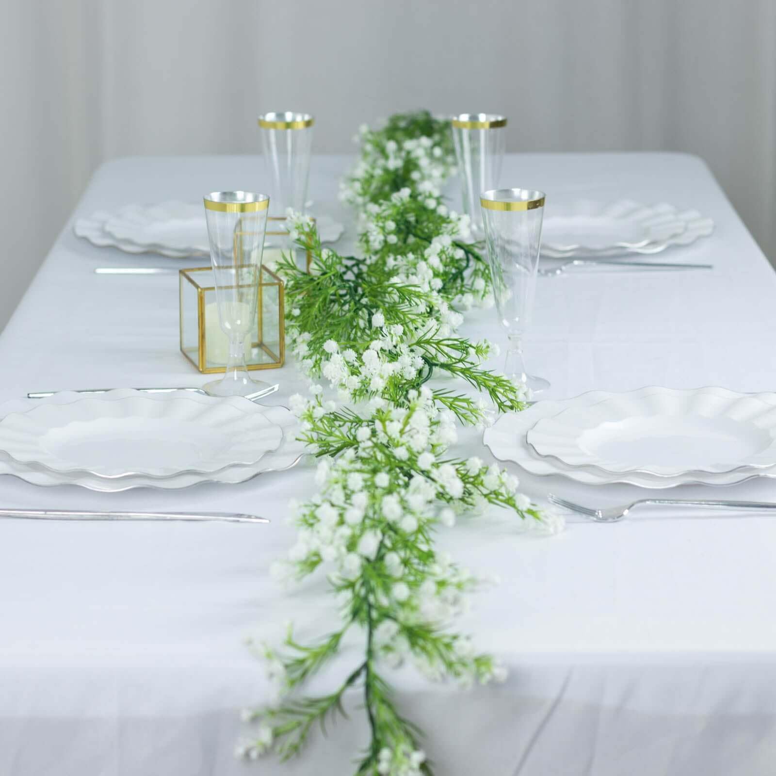 Efavormart 6ft White Artificial Silk Gypsophila Table Flower Garland, Faux Baby Breath Hanging Flower Vines