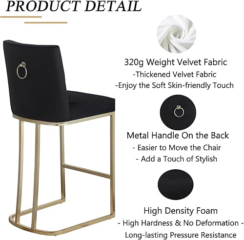 Miniatura 5 de Taburetes de bar de altura de mostrador con respaldo, juego de 2 para isla de cocina de 26 pulgadas, taburetes de bar modernos de terciopelo, sillas