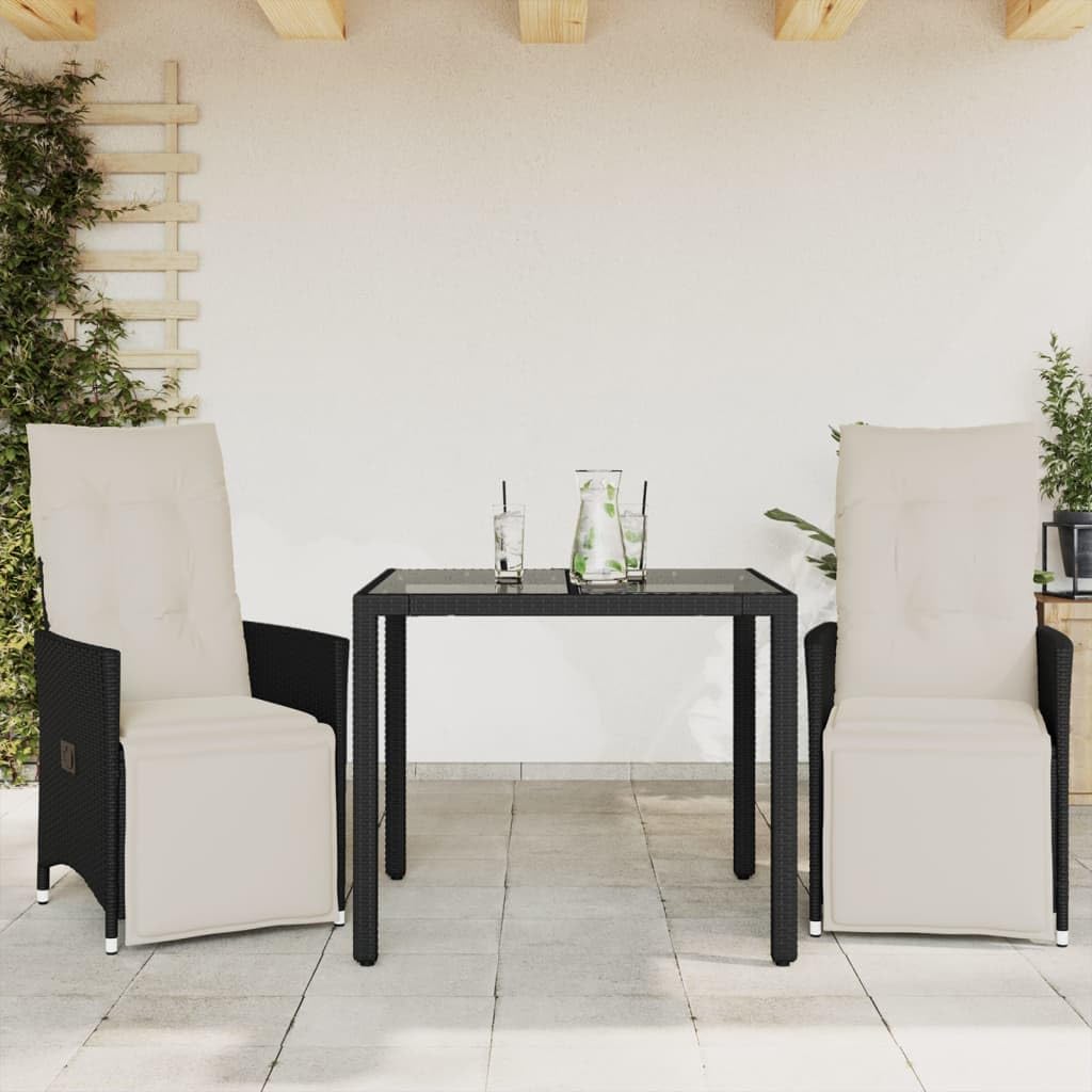 3-częściowy zestaw bistro z poduszkami, czarny polirattan, regulowany fotel relaksacyjny, szklany stół 90 x 90 cm, odporny na promieniowanie UV, do ogrodu, na balkon, taras