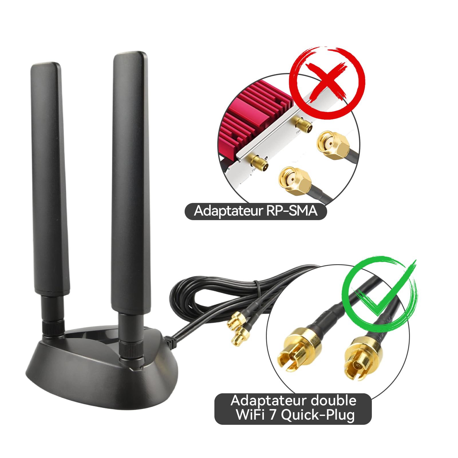 Antenne à Base Magnétique Tri-Bande WiFi 7 pour Carte Mère Gaming - Connecteur Push-on, 3 dBi Omnidirectionnelle pour ASUS ROG Strix TUF Gaming ProArt Prime Carte Mère PC de Bureau
