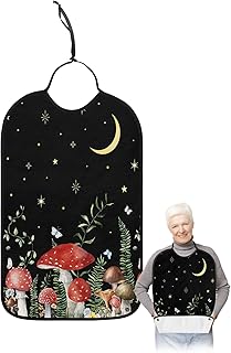 Kewadony Adult Bibs for Elderly Women - Mushroom Black Waterproof Dining Clothing Protectors with Crumb Catcher for Eating/Feeding, Green Plant Flower Starry Sky Moon Night Terry Cloth Bib Washable
