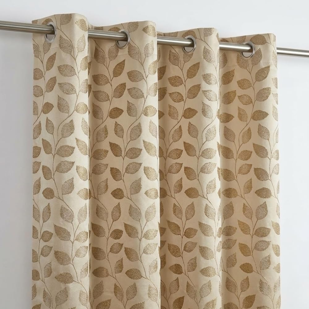 Jacquard Leaf Pattern Eyelet 7 Feet Door Curtain | Premium Semi-Blackout Decorative Curtain for Home | Textured Grommet Door Curtain Panel for Living Room, Bedroom, Office, Beige-image-33
