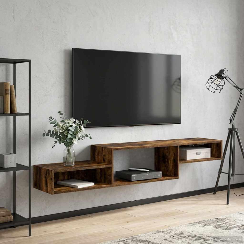 Mueble de TV de madera montado en la pared en estanque ahumado, soporte de pared con mucho espacio de almacenamiento para salón, dormitorio, cocina, baño, pasillo, diseño moderno, 150 x 28 x