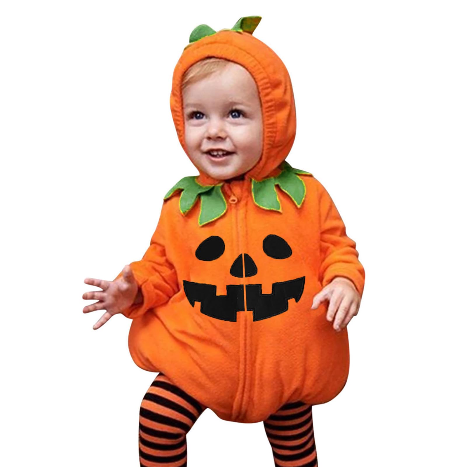 Newborn Infant Baby Pumpkin Halloween Costumes, Cute Toddler Halloween Cosplay Outfits, Long Sleeve Fleece Hooded Zipper Design Romper Striped Pant Sets, Party Performance โ image 1