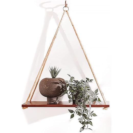 UHUD CRAFTS Hanging Shelves - Adjustable Rope Hanging Shelf, Wall Hanging Decor, Lightweight, Premium Wooden Shelf, Hanging Plant Shelf for Bedroom and Living Room (1 Pcs)