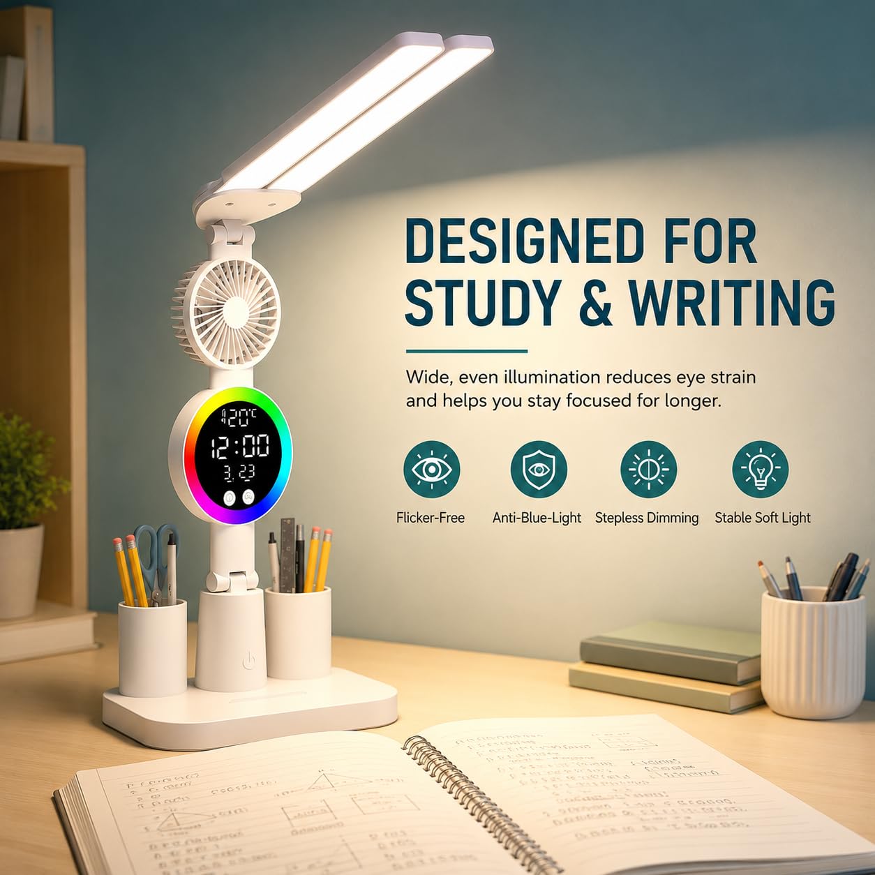 Lampe de bureau LED, lampe d'étude à double tête avec ventilateur