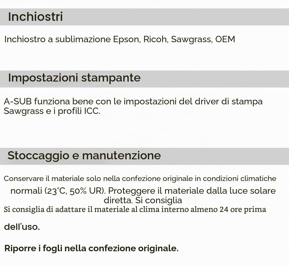 A-SUB Carta per sublimazione A4 210x297 mm 125 g/m² 100 fogli Compatibile con stampanti EPSON SAWGRASS RICOH BROTHER