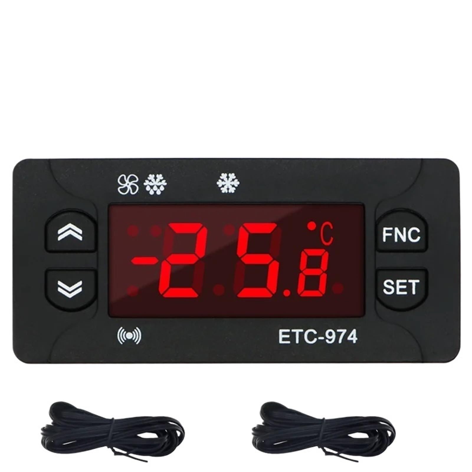 Front panel of the ETC-974 Temperature Controller with labels for Up button, Down button, FNC (Function) key, and SET key.