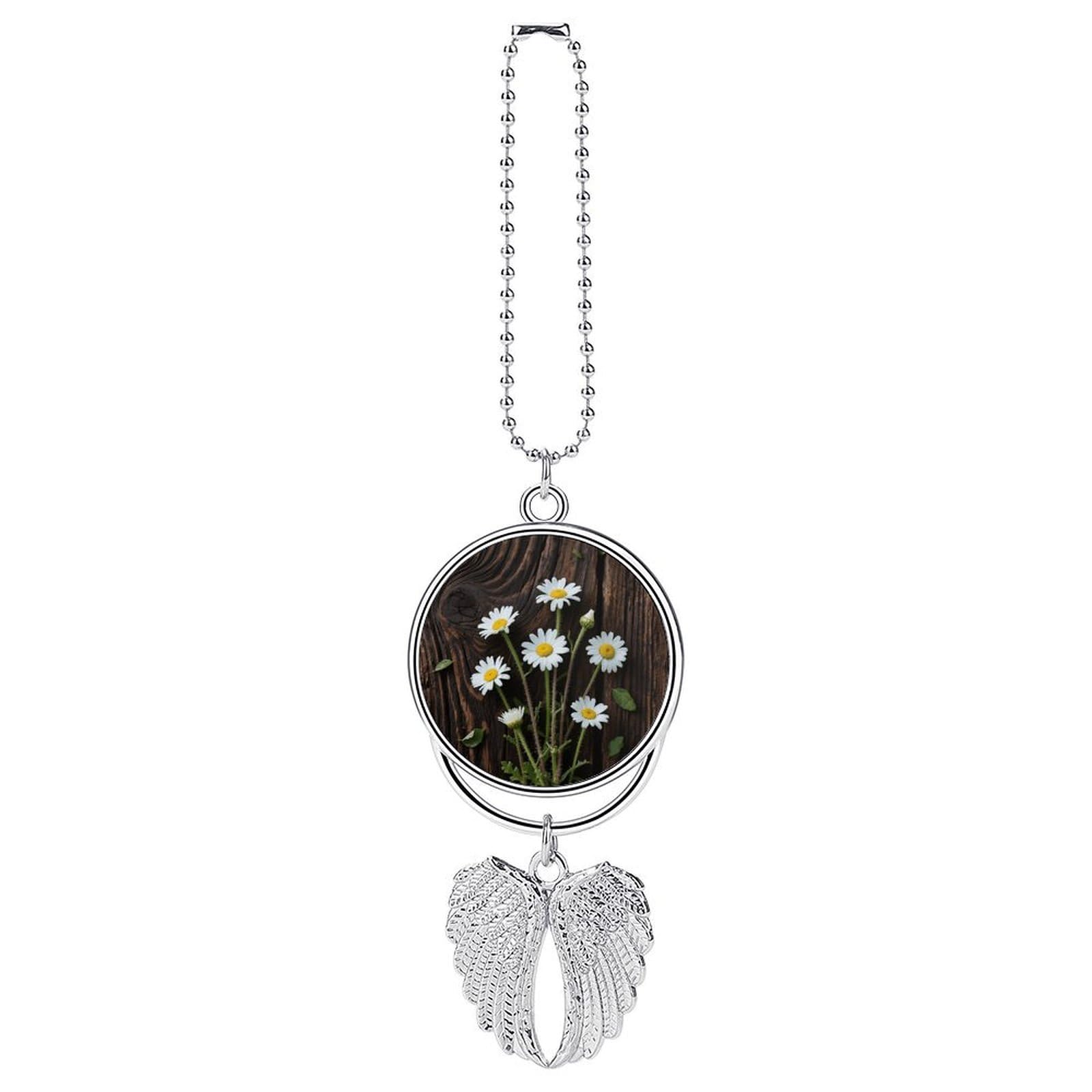 Daisy Wood Grain Guardian Angel Wing Car Ornament for Mirror, Zinc Alloy Hanging Charm with Spiritual Design for Protection, Rearview Mirror Accessory Decor Gift for Women Men(Silver)