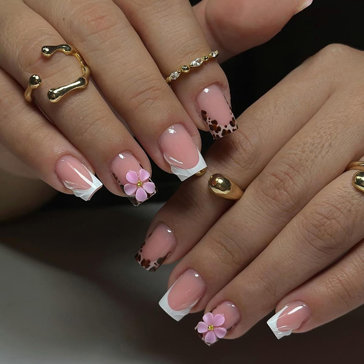24Pcs White French Press on Nails Short Square Spring Fake Nails with 3D Pink Flowers Design Leopard French Manicure Full Cover Stick on Nail Tips Kit Acrylic Nails Nude False Nail for Women