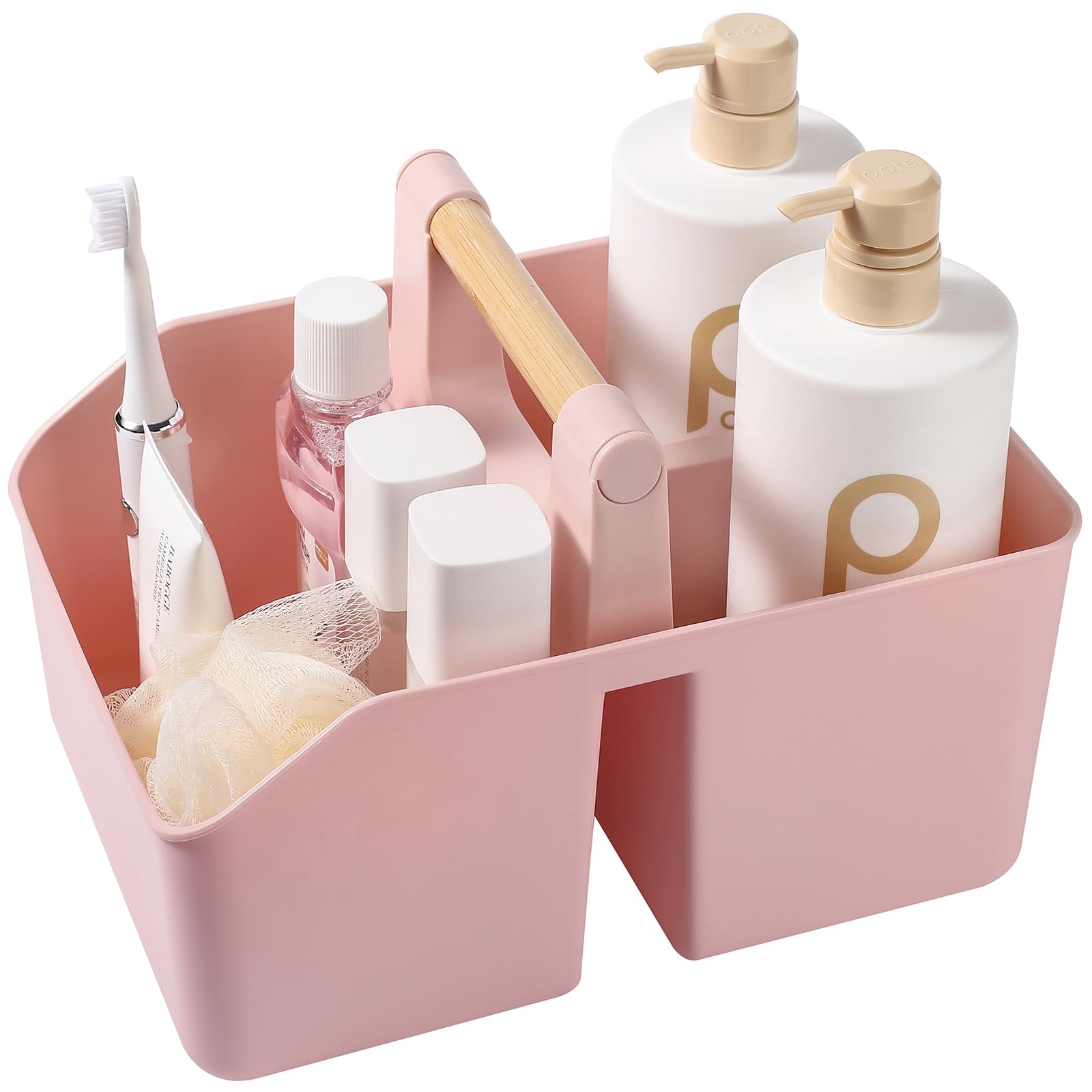 rejomiik Portable Shower Caddy Basket with Bamboo Handle Plastic Cleaning Caddy Bathroom Organizer Tote for College Dorm Essentials