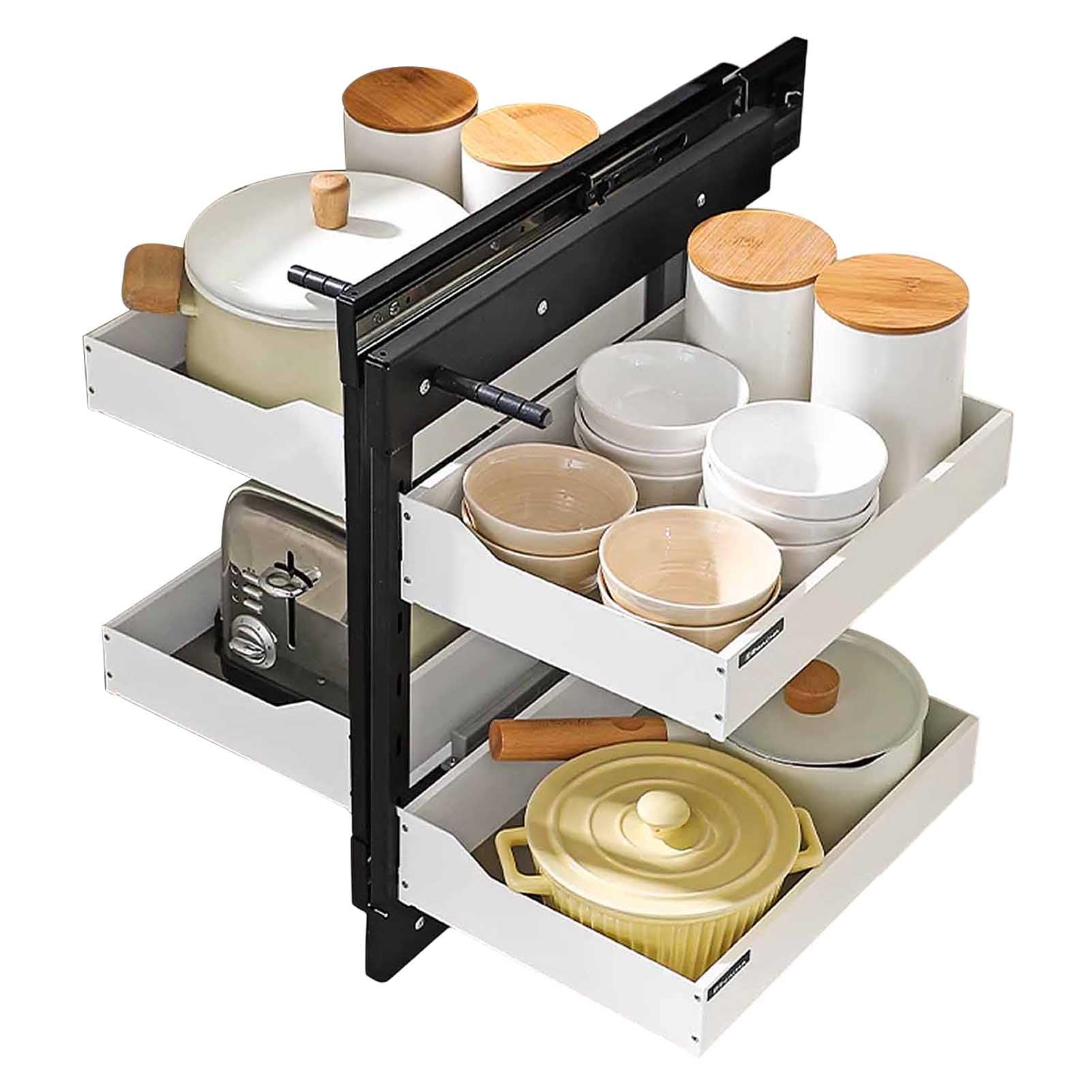 Organizador de cocina de 3 niveles debajo del fregadero con cajones de cierre suave, almacenamiento de esquina ciega, estante de especias de 4 estantes, contenedores blancos para gabinete para una