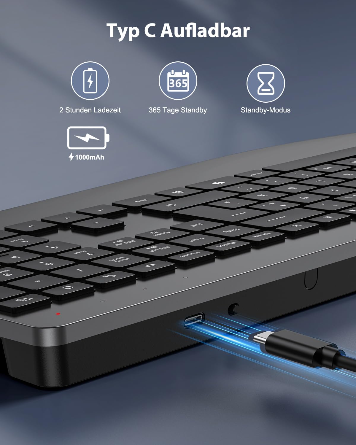 TECURS Tastiera senza fili con poggiapolsi 2.4 GHz, ergonomica, QWERTZ, retroilluminazione, silenziosa, ricaricabile, per Windows, PC, laptop