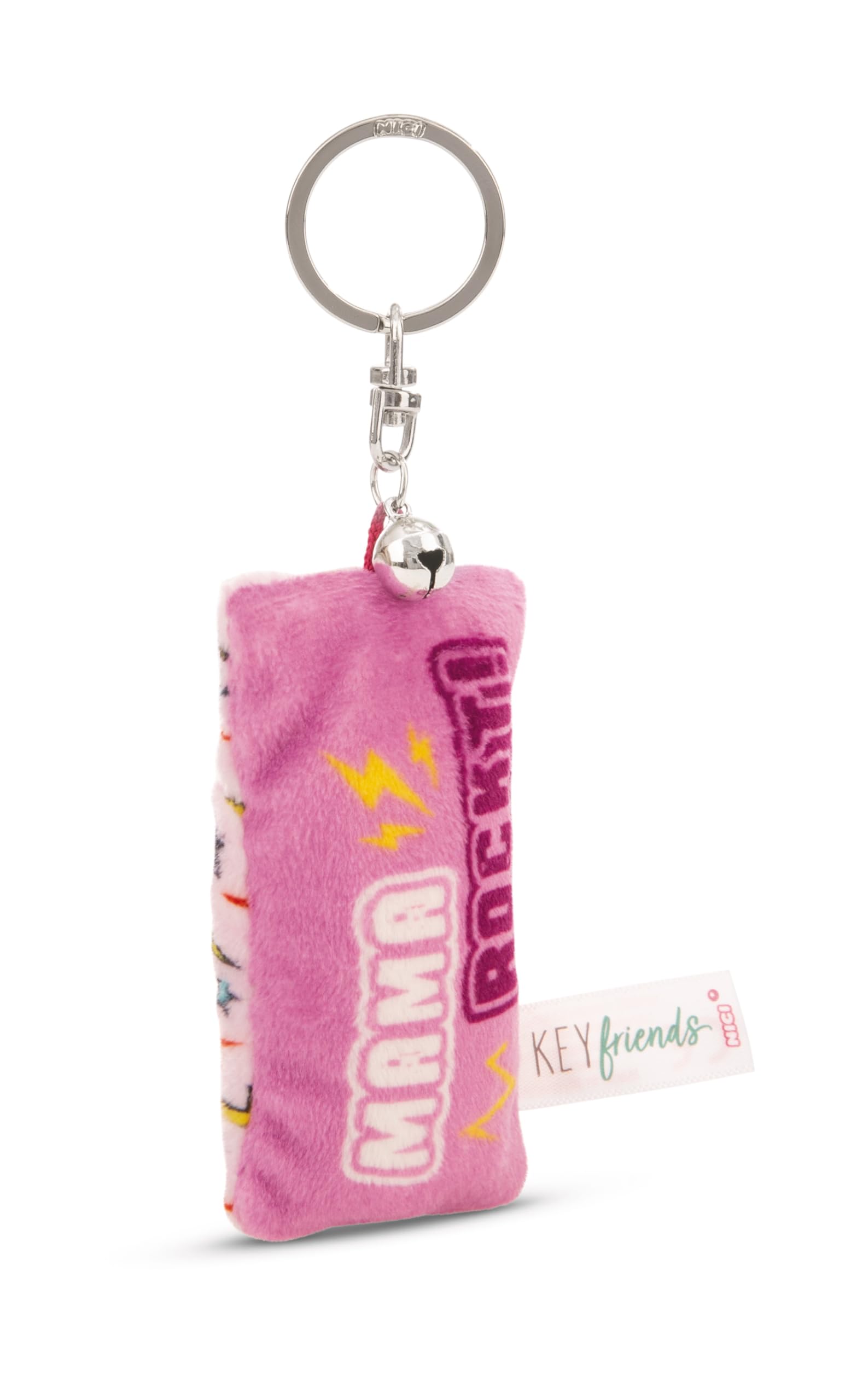 NICI Key Ring Mini Plush Cushion Mama Rockt 8 cm with Bell Colourful Loyal Companion for Backpack or Bag, Key Holder for Small and Large | 62108