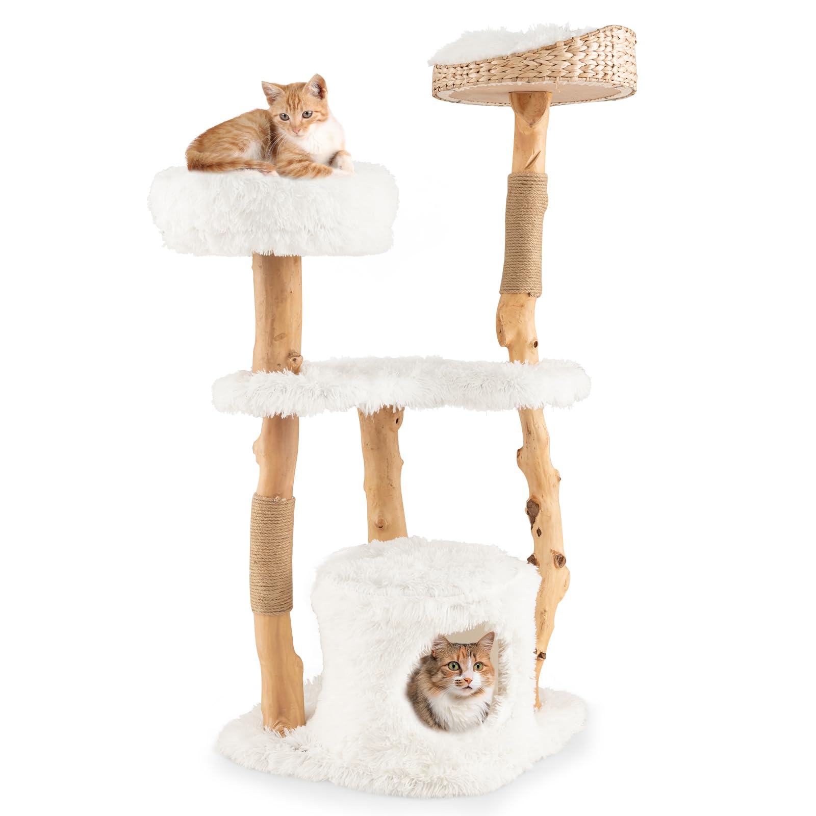 COSTWAY Wooden Cat Tree, Multi-Layer Cat Tower with Jute Scratching Posts & Top Perch, Modern Cat Activity Center for Indoor Cats Kittens (48 x 48 x 124cm)