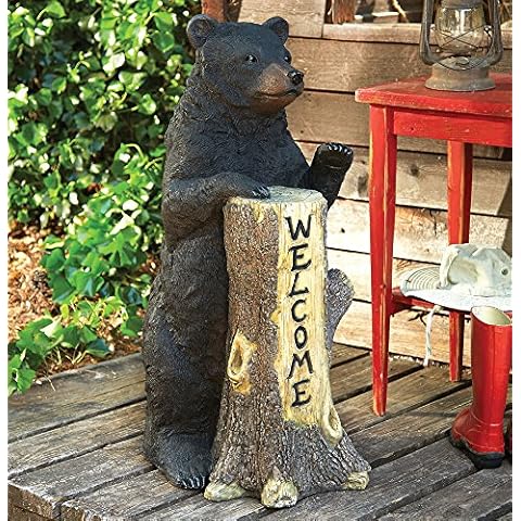 Black Forest Décor Standing Bear Tree Trunk Welcome Sign – Rustic Black Bear Decor, 14"W x 20"D x 35 1/2"H Cover