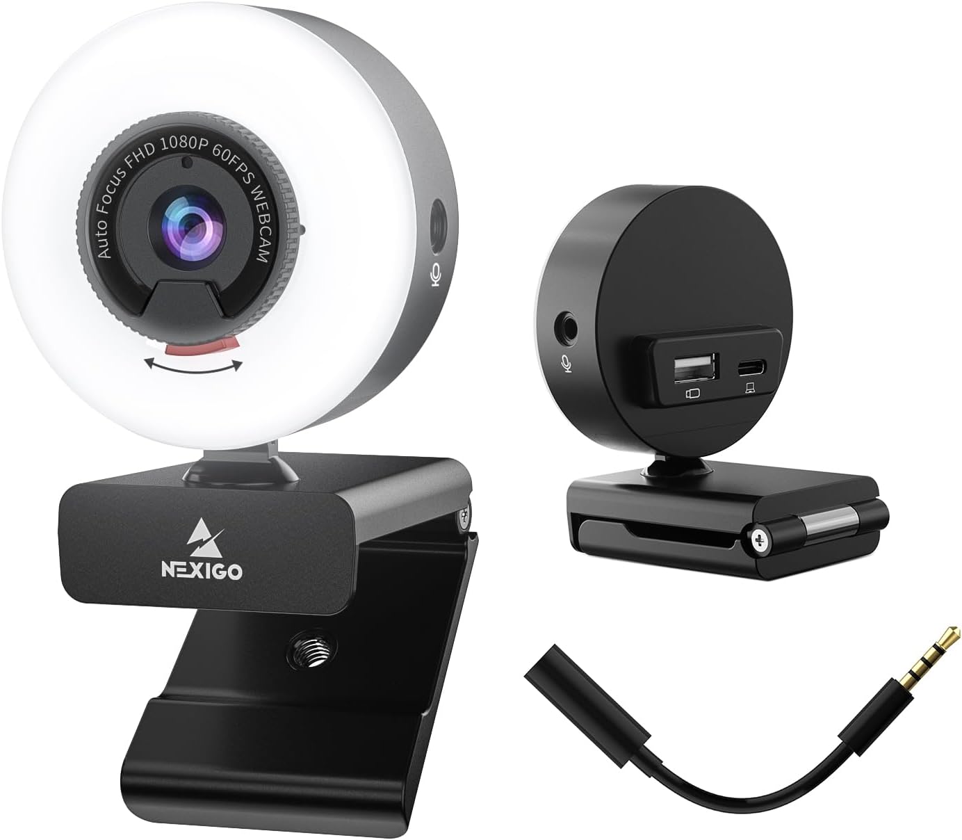NexiGoN960E Pro 60FPS Webcam with Mic/Headset Jack and Extra USB Port, 1080P Web Camera with Light, Fast AutoFocus, Built-in Privacy Cover, for Zoom Meeting Skype Teams Twitch (Renewed)
